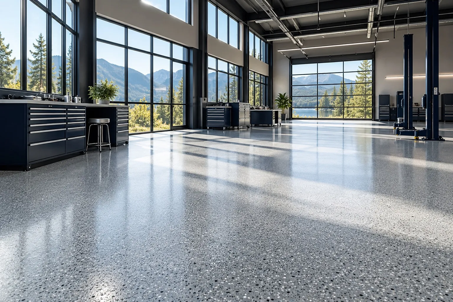 Illustrative bright commercial space with a light flake floor