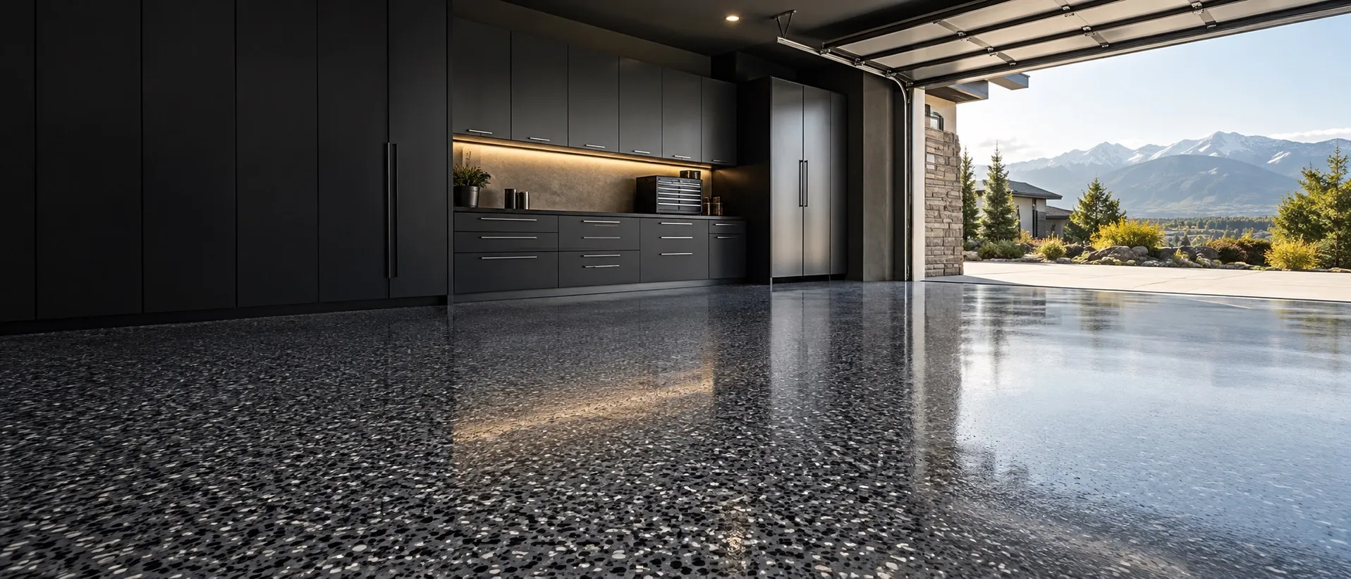 Illustrative garage with a gray flake floor and dark cabinets